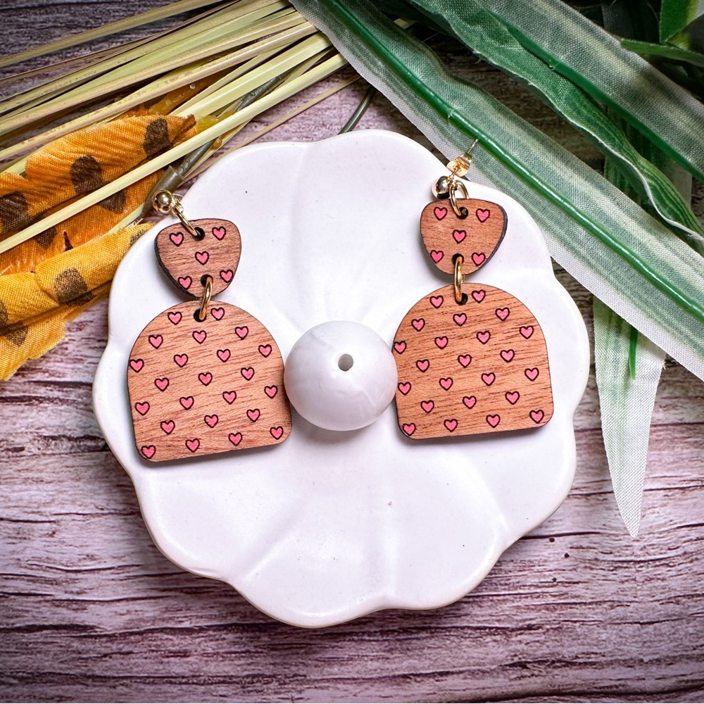 Wooden Pink Hearts Dangle Earrings
